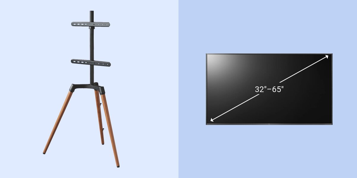 Stojak podłogowy HAMA do TV 32-65 cali 220873 Wolnostojący stojak tripod do TV w kolorze czarnym z drewnianymi nogami, pasujący do telewizorów o przekątnej od 32 do 65 cali.