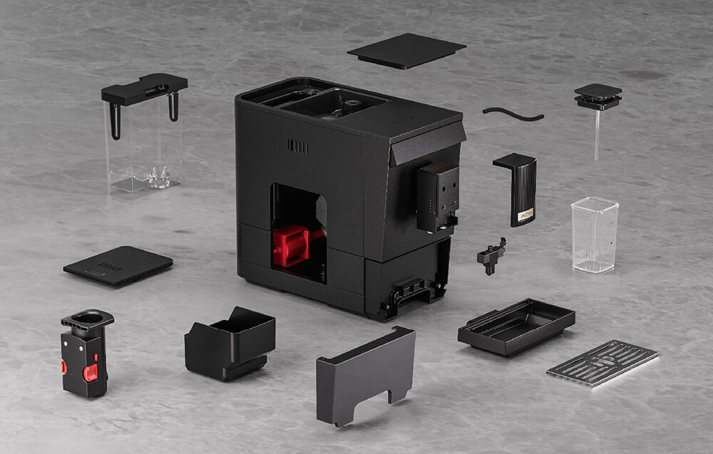 Ekspres MOVA Virtuoso 10 Pro Czarny wymiary powierzchnia aranżacja Subtelne, matowe wykończeni ergonomiczny układ elementówe Korpus pochylony o 4,6°  elegancki dodatek