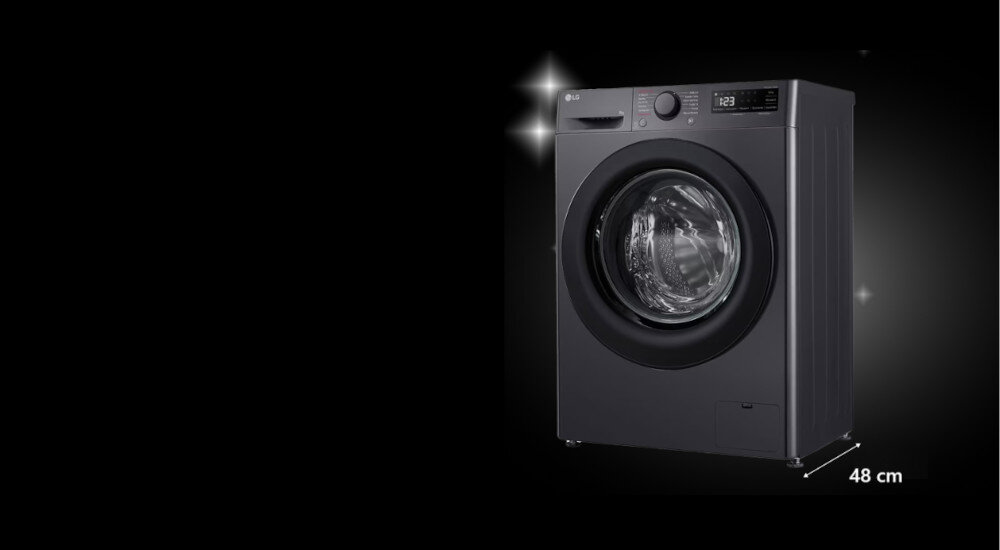 PRALKA LG MF2W8S506J czarne tło pralka bok front panel wymiar głębokość 48 cm wymiary całościowe 85 x 60 x 48 cm do niewielkich pomieszczeń kompaktowa