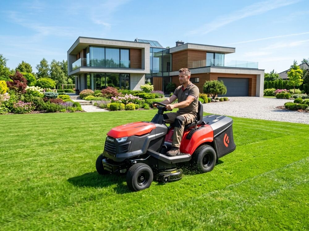 Traktor ogrodowy Faworyt DT86 M, traktor, koszenie, ogród, kosz, Mężczyzna koszący trawę traktorkiem kosiarką w ogrodzie.