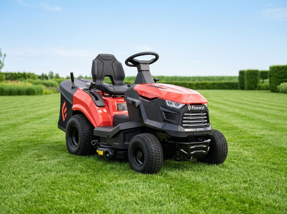 Traktor ogrodowy Faworyt DT86 M, traktor, silnik, koszenie, trawnik, Traktorek kosiarka stojący na zadbanym trawniku
