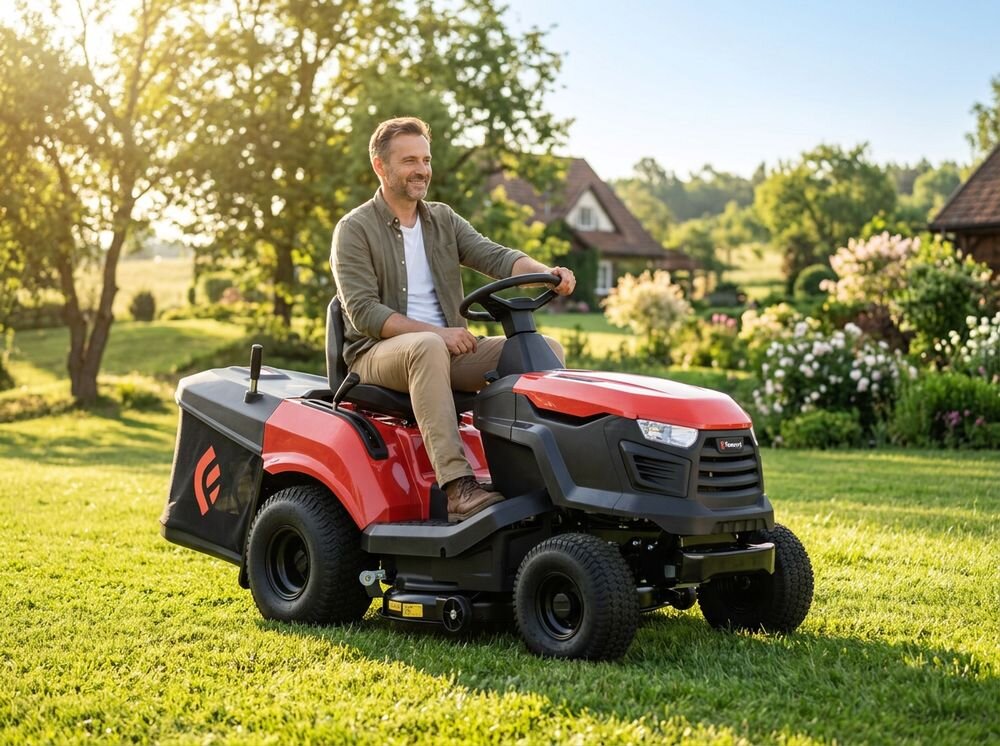 Traktor ogrodowy Faworyt DT86 M, noże, szerokość, regulacja, koszenie, Uśmiechnięty mężczyzna jadący traktorkiem kosiarką.