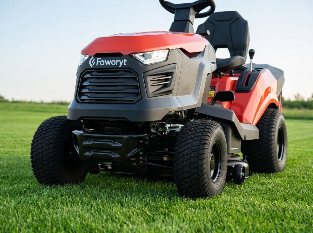 Traktor ogrodowy Faworyt DT86 M, skręt, koła, zwrotność, manewrowanie, Czerwono-czarny traktorek kosiarka z bliska od przodu.