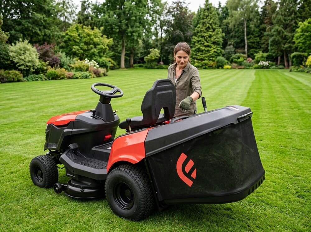 Traktor ogrodowy Faworyt DT86 M, kosz, pojemność, wyrzut, zbiornik, Kobieta opróżniająca kosz na trawę w traktorku kosiarce.