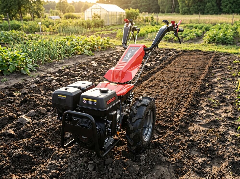 Traktor ogrodowy FAWORYT SIM400LE, mikrociągnik, traktor, ogród, maszyna, Ciągnik jednoosiowy Faworyt zaparkowany na zaoranej ziemi w ogrodzie warzywnym.