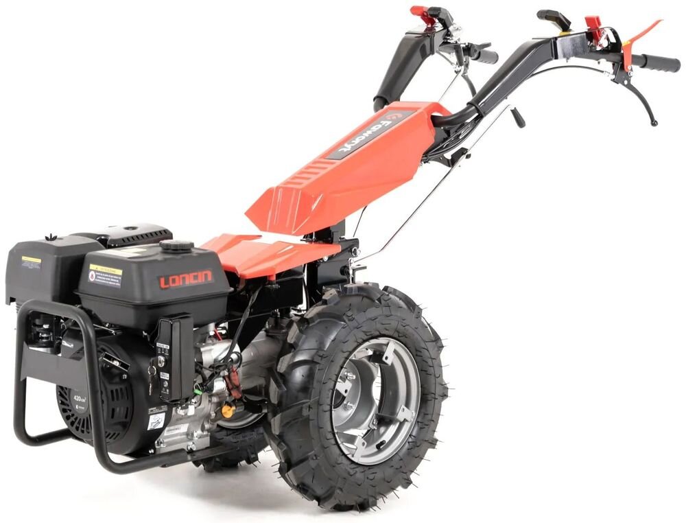 Traktor ogrodowy FAWORYT SIM400LE, skrzynia, napęd, sprzęgło, sterowanie, Widok z boku na ciągnik jednoosiowy z silnikiem Loncin na białym tle.