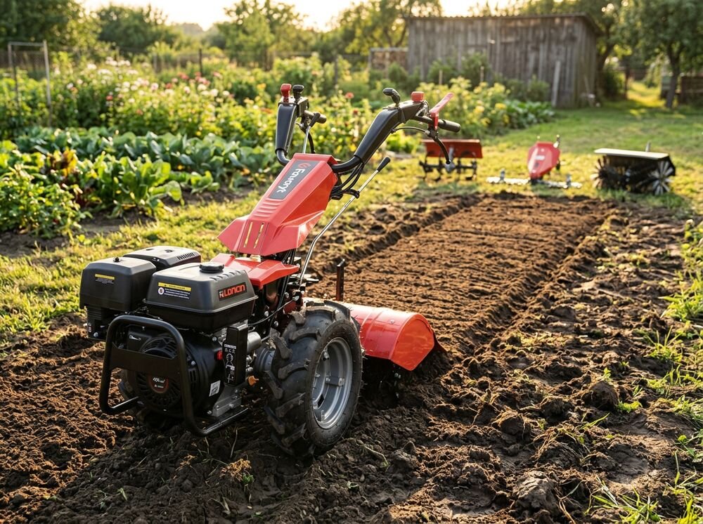 Traktor ogrodowy FAWORYT SIM400LE, konstrukcja, stabilność, trwałość, zastosowanie, Traktorek jednoosiowy z podłączoną glebogryzarką podczas pracy w ogrodzie.