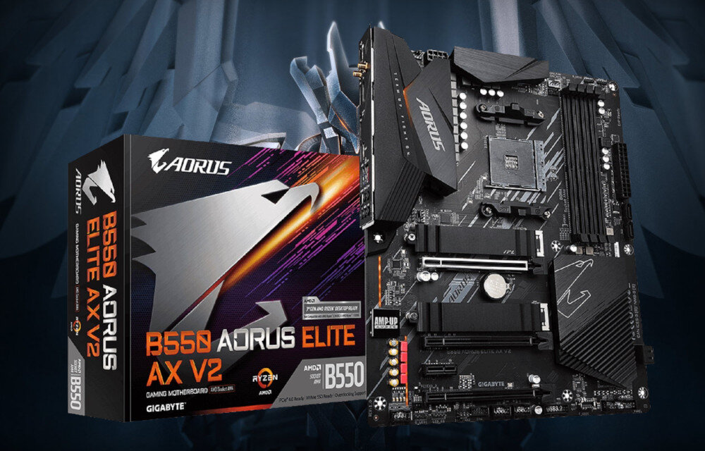 Komputer MAD DOG GeForce RTX5060 DLSS 4 Reflex Edition 2 LOGIC-A07WR16WH Płyta główna w czarnej kolorystyce z logo 'AORUS' oraz pudełko z oznaczeniem 'B550 AORUS ELITE AX V2', przedstawione na tle w odcieniach niebieskiego i czerni z graficznymi elementami, płyta główna, kompatybilność, łączność Wi-Fi 6