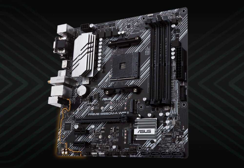 Komputer MAD DOG GeForce RTX5060 DLSS 4 Reflex Edition 2 LOGIC-A09DR32 Obraz przedstawia płytę główną z widocznymi radiatorami, złączami i oznaczeniem 'PRIME B550M-A WiFi' na czarnym tle z geometrycznym wzorem, płyta główna, kompatybilność, interfejsy, gniazda, łączność Wi-Fi