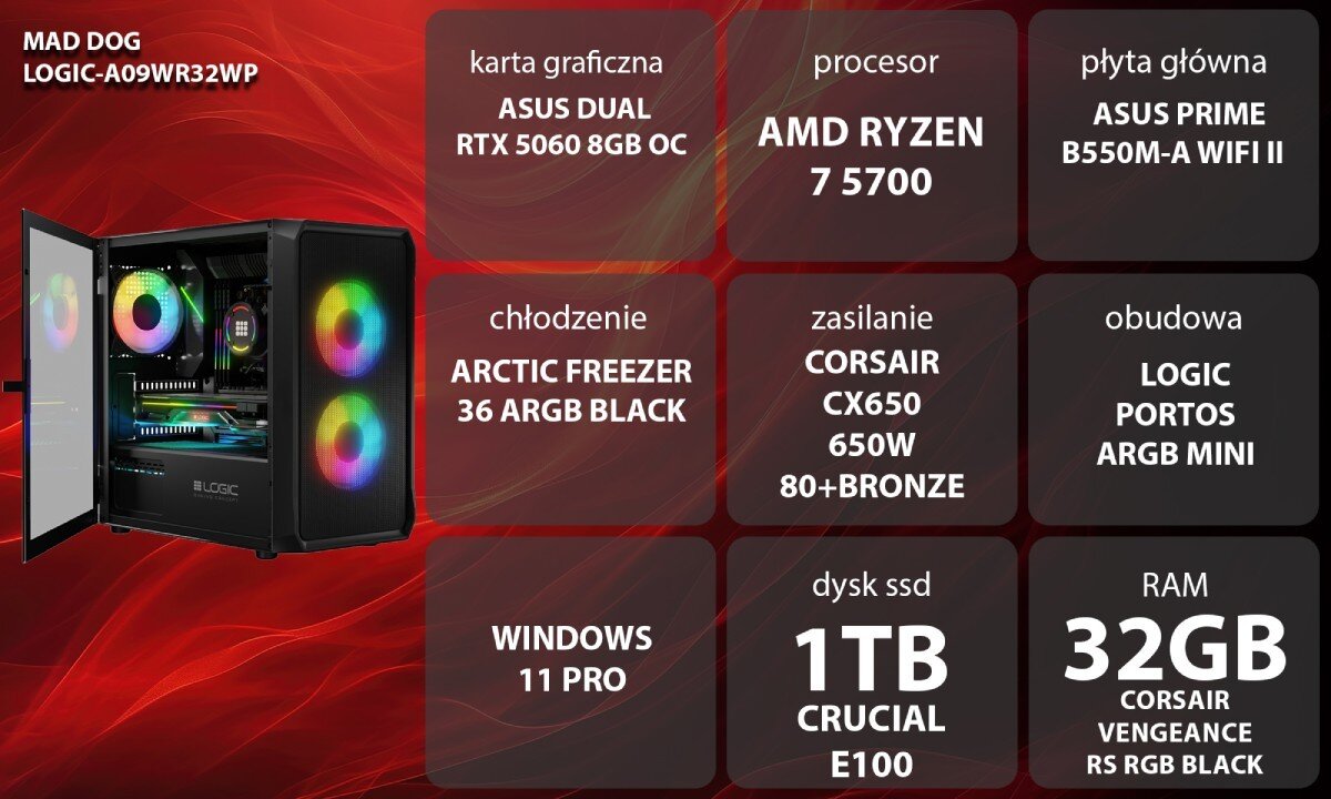 Komputer MAD DOG GeForce RTX5060 DLSS 4 Reflex Edition 2 LOGIC-A09WR32WP Grafika przedstawiająca specyfikację komputera, z podziałem na podzespoły. W lewej części znajduje się model komputera, a obok niego informacje o podzespołach, opis