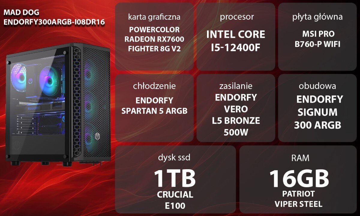 Komputer MAD DOG ENDORFY300ARGB-I08DR16 Grafika przedstawiająca specyfikację komputera, z podziałem na podzespoły. W lewej części znajduje się model komputera, a obok niego informacje o podzespołach, opis