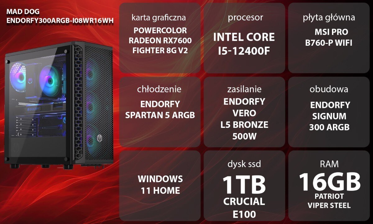 Komputer MAD DOG ENDORFY300ARGB-I08WR16WH Grafika przedstawiająca specyfikację komputera, z podziałem na podzespoły. W lewej części znajduje się model komputera, a obok niego informacje o podzespołach, opis