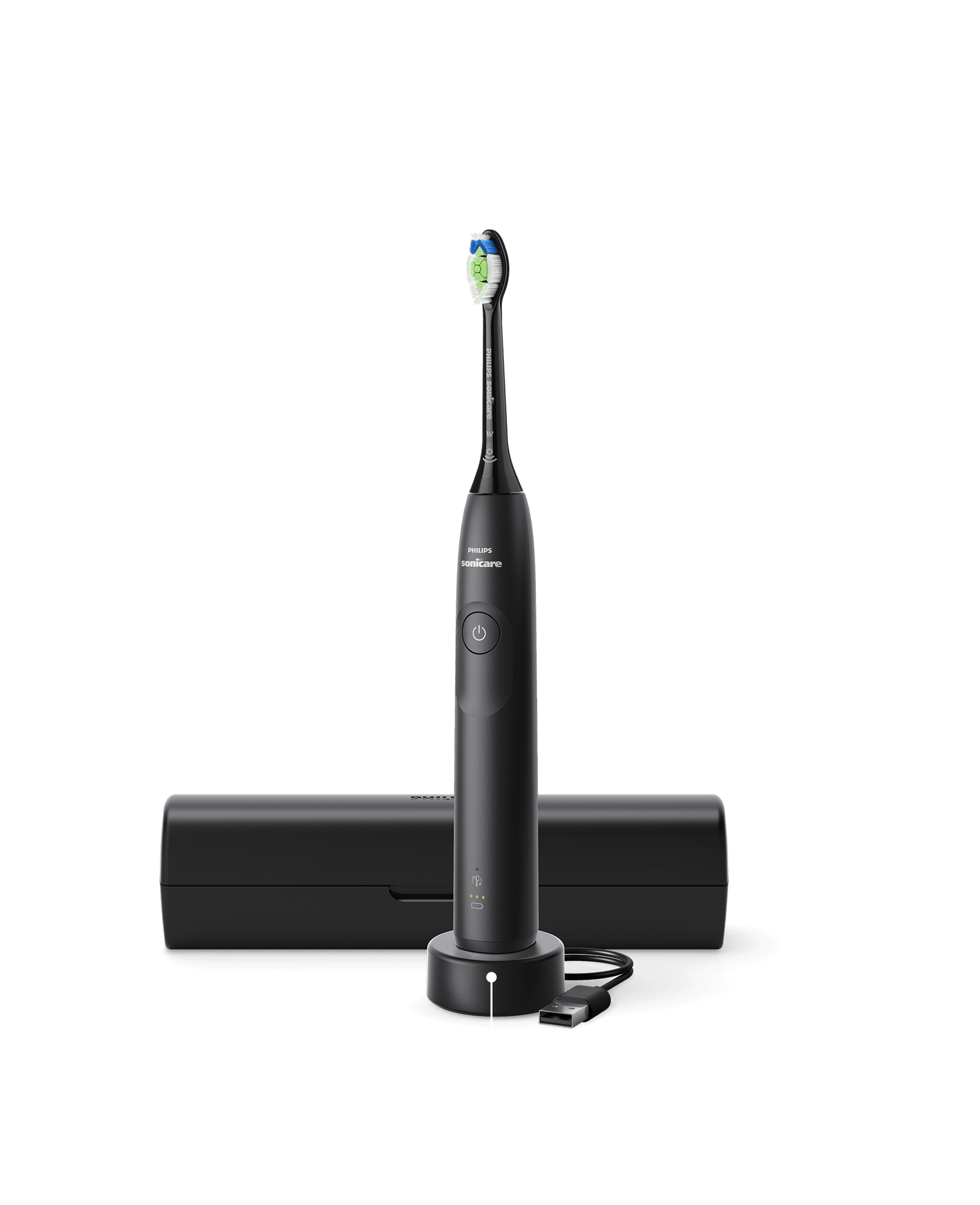 Szczoteczka umieszczona w ładowarce. Obok znajduje się etui.