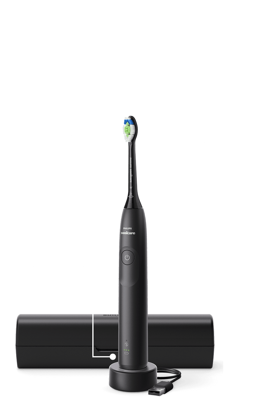 Szczoteczka umieszczona w ładowarce. Obok znajduje się etui.