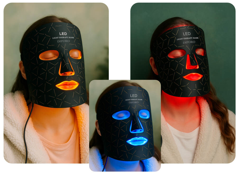 Maska LED do twarzy DIFORO DiF-Eluminna 4 rodzaje światła LED Głębokie działanie regenerujące Redukcja zmarszczek i trądziku Tryb automatyczny i manualny Bezpieczna i bezinwazyjna pielęgnacja Elastyczna maska silikonowa Zabiegi jak w gabinecie kosmetycznym