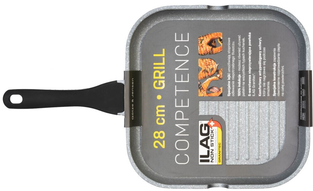 Patelnia grillowa z szarym, kwadratowym korpusem i czarną rączką. Na powierzchni widoczny jest tekst: \'28 cm • GRILL COMPETENCE ILAG NON STICK GRANITEC\'.