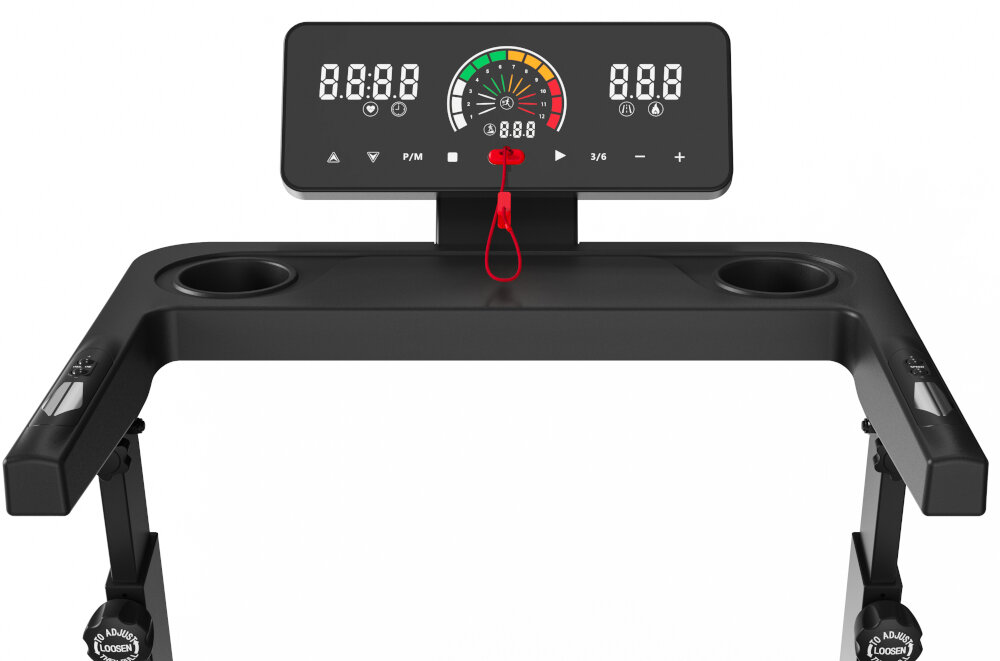 Bieżnia elektryczna HERTZ FITNESS Intro 932W 12km-h zbliżenie na wyświetlacz wbudowany komputer treningowy programy treningowe tryby odliczania podświetlany wyświetlacz LED przyciski skrótu do prędkości