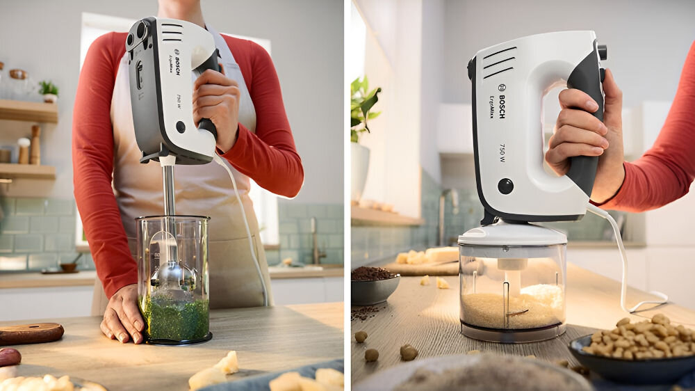 Mikser BOSCH ErgoMixx MFQ37480 osoba trzyma mikser ze stopą blendującą blenduje zieloną masę na drugim zdjęciu osoba podłączyła mikser do rozdrabniacza i rozdrabnia kulinarne horyzonty siekacz do krojenia cebuli, czosnku, ziół i przypraw rozdrabnianie czekolady, orzechów sera Kielich o pojemności 0,8 litra duże porcje koktajli zup-kremów sosów stopa blendująca aksamitne sosy zdrowych koktajli aromatycznych zup optymalnie zblendowane składniki dla miłośników zdrowej kuchni i kulinarnej kreatywności 