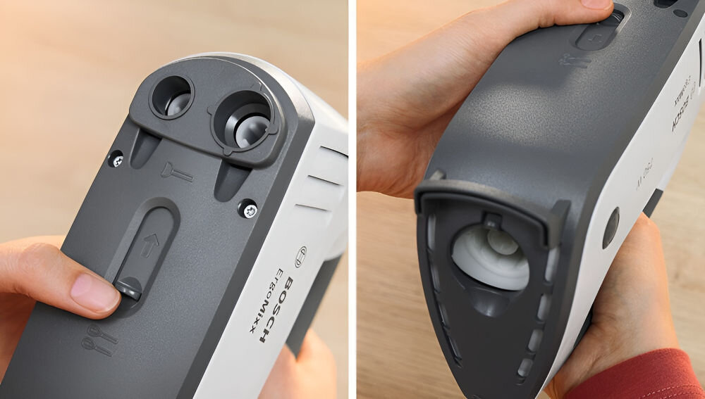 Mikser BOSCH ErgoMixx MFQ37480 spód miksera szaro biała obudowa przycisk osoba trzymająca przycisk otwory na końcówki intuicyjna Wymiana mieszadeł i haków przycisk zwalniający końcówki jedno dotknięcie zmiana akcesoriów komfort użytkowania płynne przejście między zadaniami kulinarnymi wygoda efektywność 