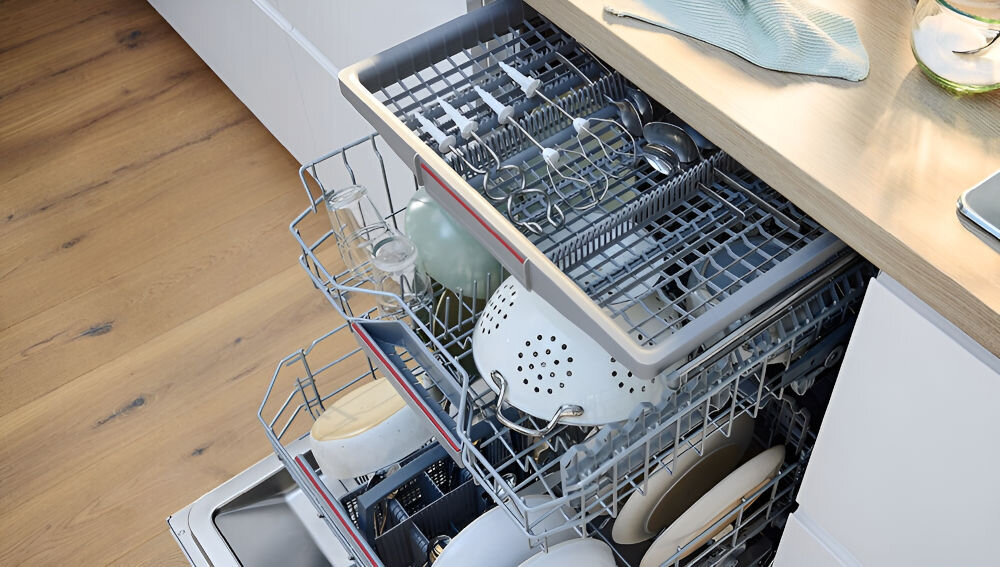 Mikser BOSCH ErgoMixx MFQ37480 otwarta zmywarka wysunięta szuflada wewnątrz końcówki od miksera łatwe wygodne sprzątanie końcówka miksująca akcesoria z wyjątkiem bloku silnika czyszczenie w zmywarce usunięcie większych resztek umieszczenie w szufladzie zmywarki higiena oszczędność czasu  