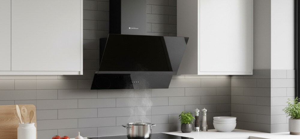 OKAP SMITH&BROWN SHCS-653-B3 Okap kuchenny zamontowany nad płytą grzewczą odprowadza parę unoszącą się znad garnka. Urządzenie pracuje w jasnej aranżacji kuchennej z zabudową ścienną