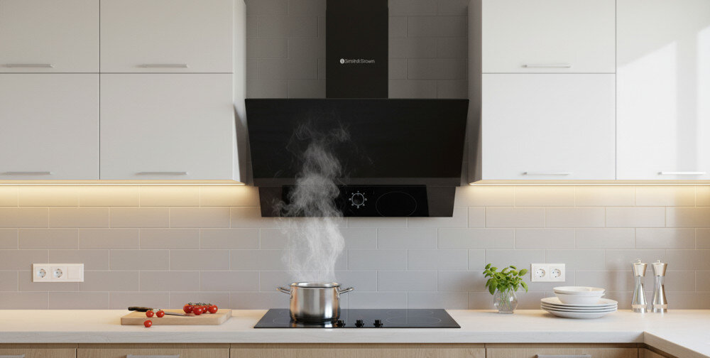 OKAP SMITH&BROWN SHCS-652-B3 Okap kuchenny zamontowany nad płytą grzewczą odprowadza parę unoszącą się znad garnka. Urządzenie pracuje w jasnej aranżacji kuchennej z zabudową ścienną