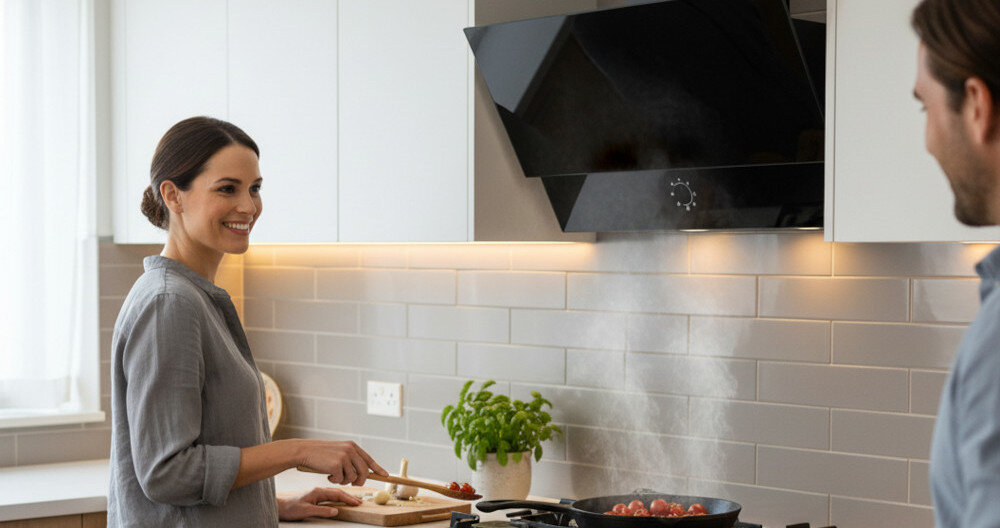 OKAP SMITH&BROWN SHCS-652-B3 Dwie osoby przygotowują posiłek przy płycie gazowej, nad którą zamontowany jest okap pochłaniający opary. Para unosząca się znad patelni kierowana jest ku dolnej części urządzenia okap kominowy 59,8 cm szerokość czarne szkło estetyczny design kuchnia wydajny okap
