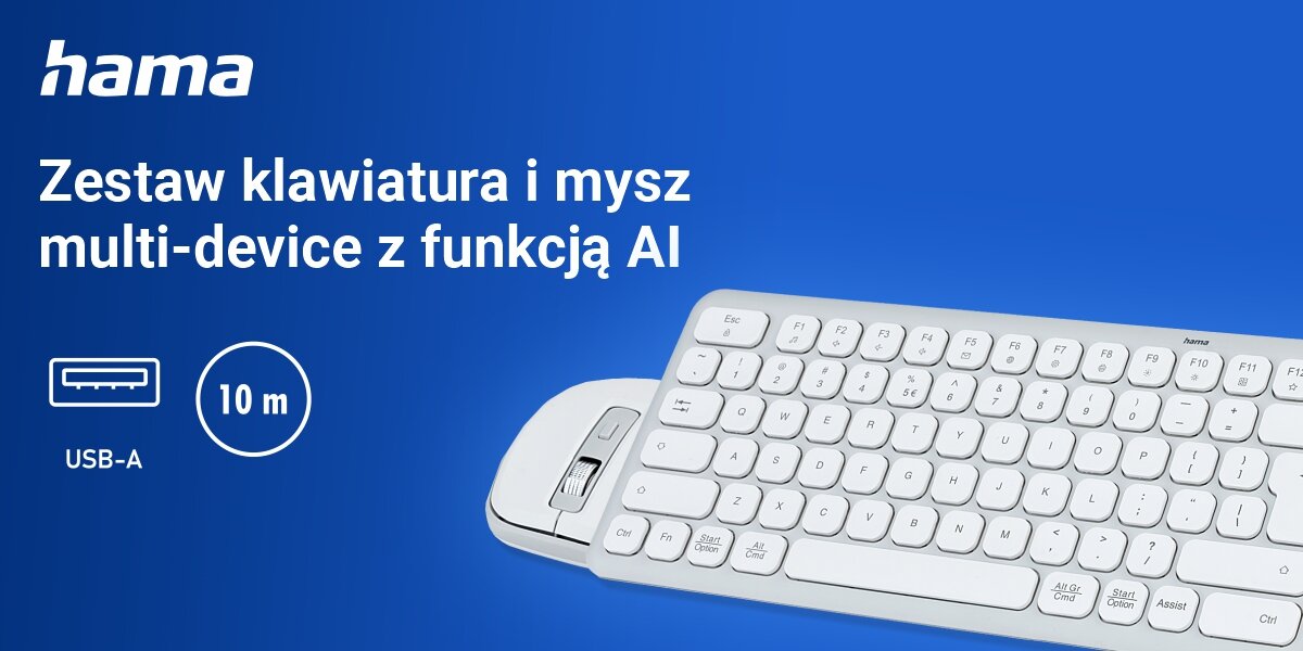 Zestaw HAMA WKM-550 Biało-szary zestaw dla wymagających, niebieskie tło, klawiatura, mysz, logo producenta, ikona USB-A