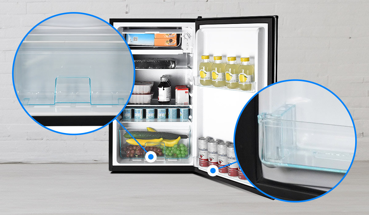 Lodówka LIN LI-BC92 85cm Praktyczne wnętrze wykorzystanie przestrzeni pojemnik owoce warzywa szklana półka wygoda funkcjonalność wygodny dostęp półki na butelki