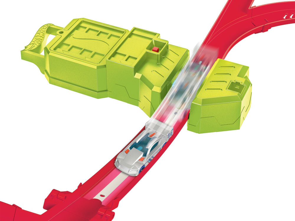 Tor Hot Wheels Neon Speeders Superwyścig HPC07 więcej pojazdów skala 1:64 klapki na torze przechowywanie pojazdów w drapaczu na przyspieszaczu