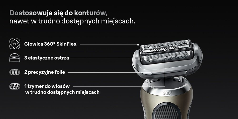 Golarka BRAUN Seria 7 72-C7200CC specjalna głowica 360 stopni, gładkość, precyzja, elastyczne ostrza, dopasowana do konturów twarzy