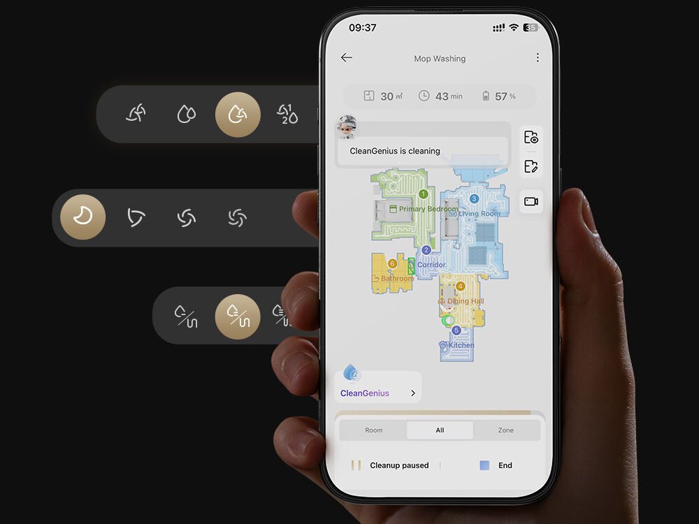 Robot sprzątający DREAME L40S Pro Ultra Czarny smartfon trzymany w dłoni z aktwyną aplikacją sterowanie planowanie sprzątania dostosowywanie ustawień historia zadań zużycie części polecenia głosowe