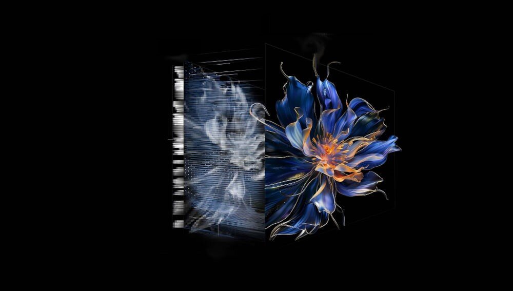 Telewizor TCL 98C8K - Światło i kontrast, QD-MiniLED, przedstawiona technologia QD-MiniLED, niebieski kwiat