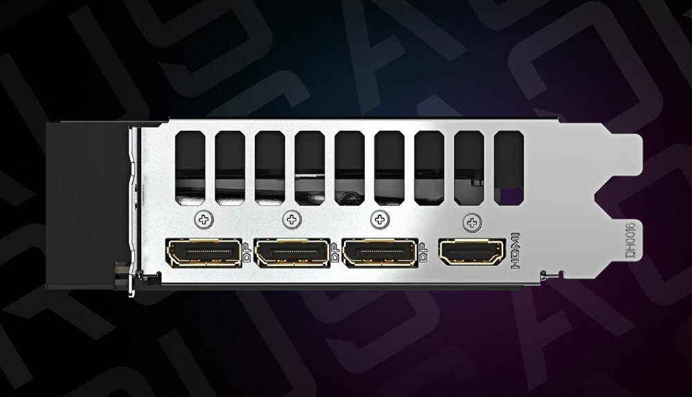 Karta graficzna GIGABYTE GeForce RTX 5060 Aorus Elite 8GB Metalowy śledź montażowy karty z wycięciami wentylacyjnymi oraz portami wideo obejmującymi trzy gniazda DisplayPort i jedno HDMI