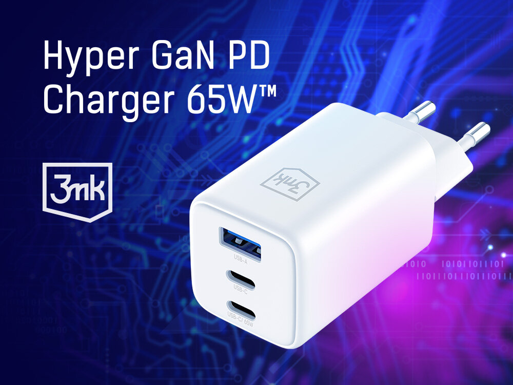 3MK Hyper GaN Charger 65W ładowarka w kolorze białym na niebieskim tle USB-A USB-C