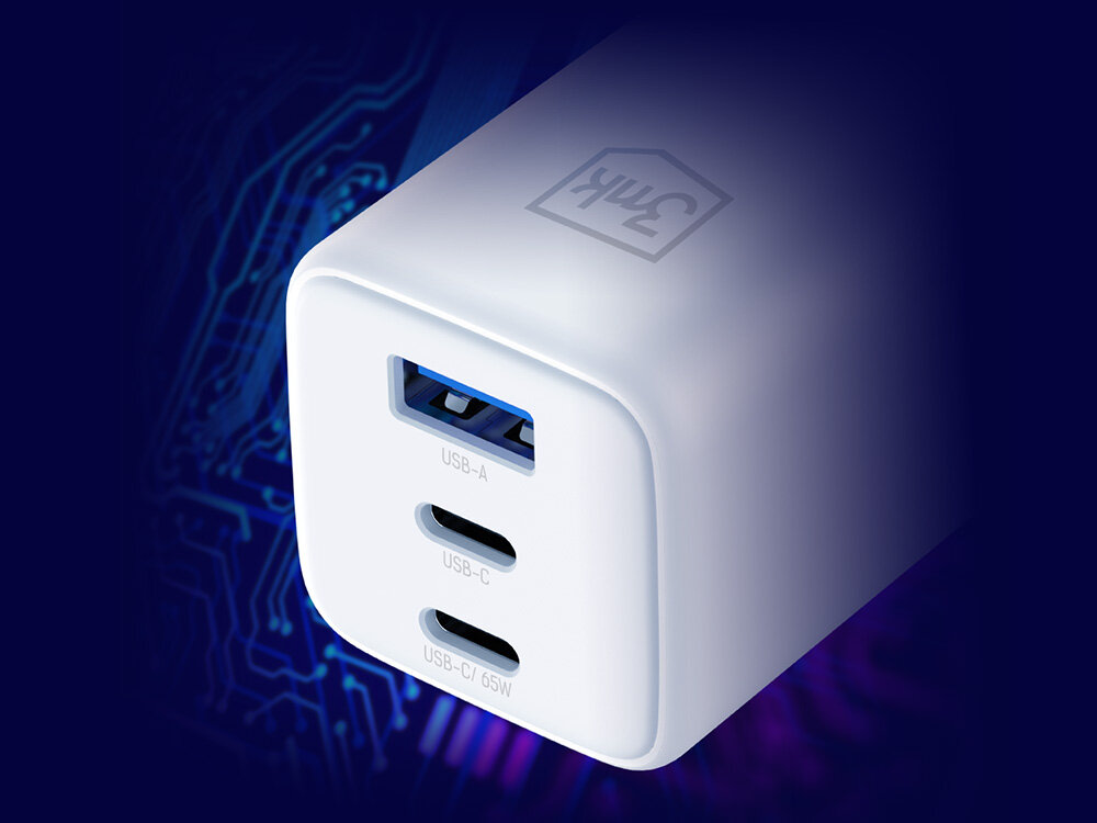 3MK Hyper GaN Charger 65W technologią GaN Tranzystor półprzewodniku GaN moc 3 źródła energii (1 port USB-A i 2 porty USB-C)