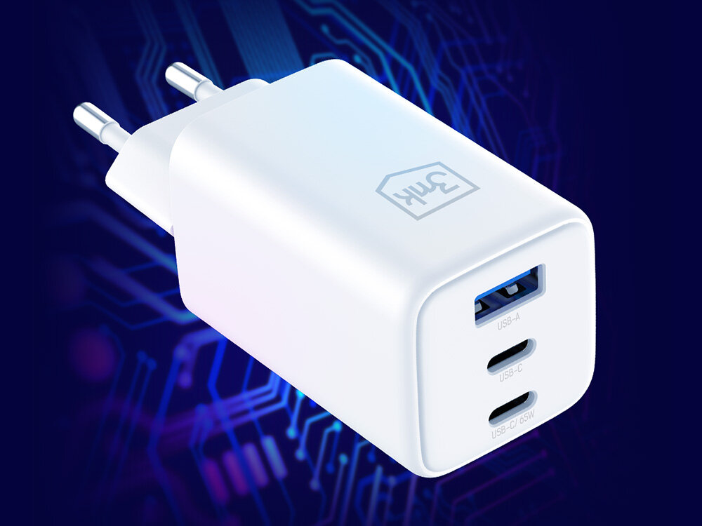3MK Hyper GaN Charger 65W trzema portami USB (USB-A oraz 2x USB-C) trzech dowolnych sprzętach jednocześnie laptopie, smartfonie i zegarku
