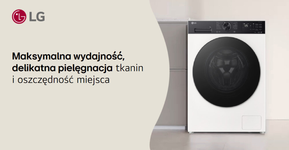 PRALKA LG SLIM F2X50S9THB Grafika prezentuje pralko–suszarkę LG ustawioną we wnęce oraz hasło „Maksymalna wydajność, delikatna pielęgnacja tkanin i oszczędność miejsca”, podkreślające kompaktową konstrukcję urządzenia.