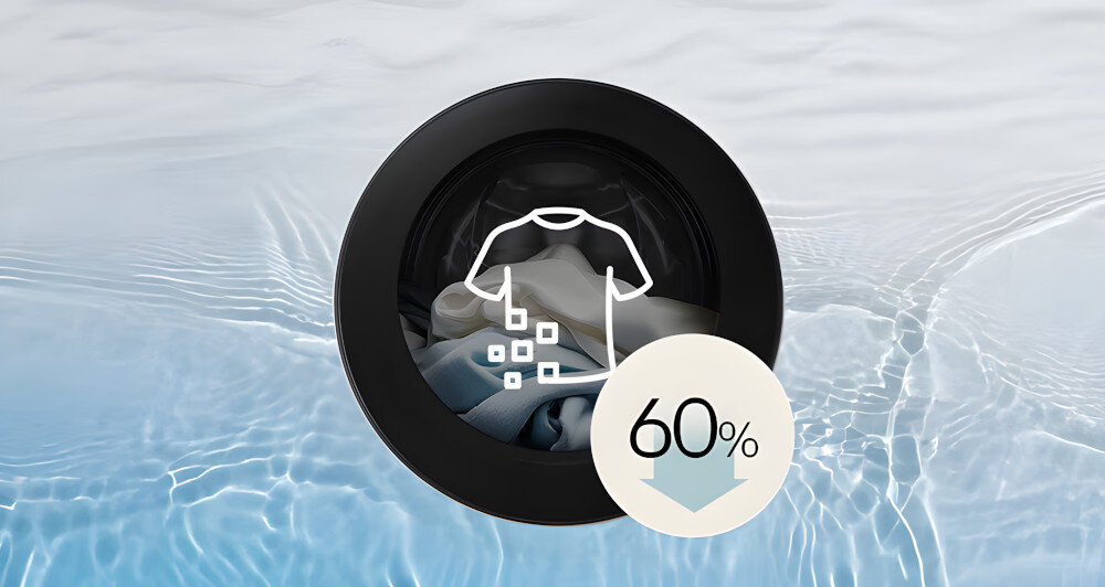PRALKA LG SLIM F2X50S9THB Cykl Microplastic Care Na grafice znajduje się drzwiczki pralki zanurzone w wodzie z ikoną ubrania i symbolicznie opadającymi cząstkami, obok których widnieje oznaczenie „60%”, sugerujące redukcję pozostałości detergentów lub alergenów