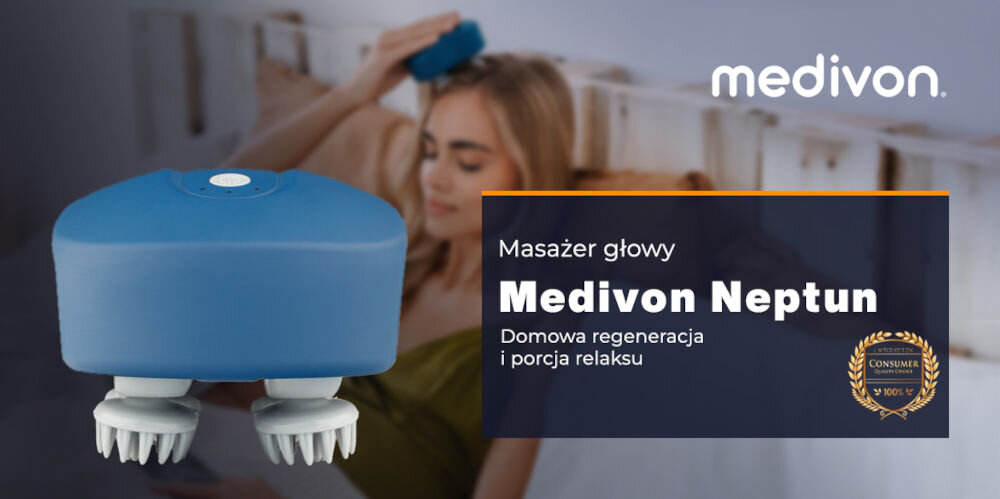 Obraz przedstawia masażer głowy w kolorze niebieskim z widocznymi elementami masującymi. Obok znajduje się tekst: \'Masażer głowy Medivon Neptun Domowa regeneracja i porcja relaksu\', a w tle osoba używa masażera.