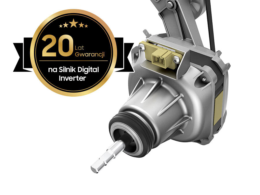 Silnik Digital Inverter™ suszarki Samsung DV90DG6845LKU4 Silnik inwerterowy suszarki AI z etykietą 20-letniej gwarancji, pokazujący detale konstrukcji oraz system technologiczny zapewniający efektywność energetyczną.