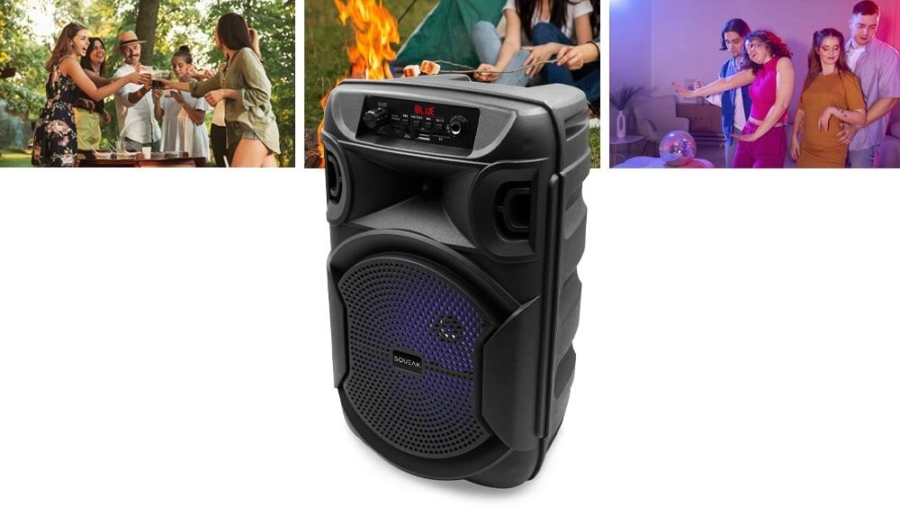 Głośnik mobilny SQUEAK SQ1006 Radio FM - impreza funkcje, karaoke, mikrofon, regulacja gniazdo, glosnik na bialym tle