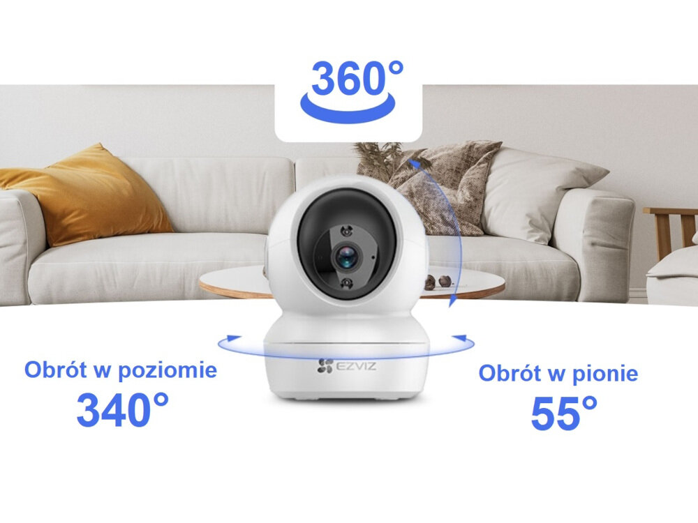 Kamera EZVIZ H6C PRO 3K - Kontrola nad otoczeniem, kamera pokazująca możliwości obrotu, w tle sofa