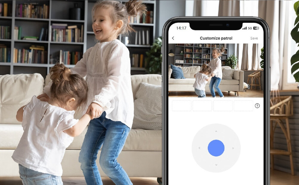 Kamera EZVIZ H6C PRO 3K - Automatyczny obrót, smartfon na pierwszym planie, dzieci bawiące się w pokoju