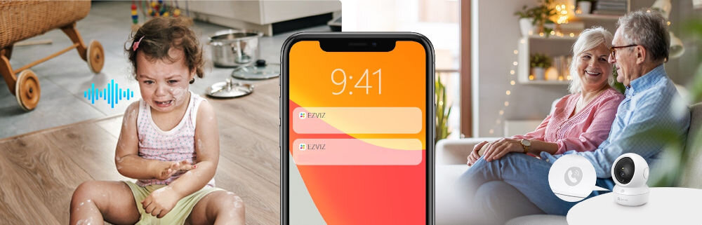 Kamera EZVIZ H6C PRO 3K - Łatwa komunikacja z bliskimi, smartfon, płaczące dziecko siedzące na podłodze, dziadowie siedzący na kanapie