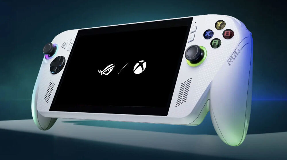 ASUS ROG Xbox Ally RC73YA biały konsola od przodu pod kątem na ciemnym tle z poświatami niebieskiego i zielonego światła konsola gamingowa wydajność design