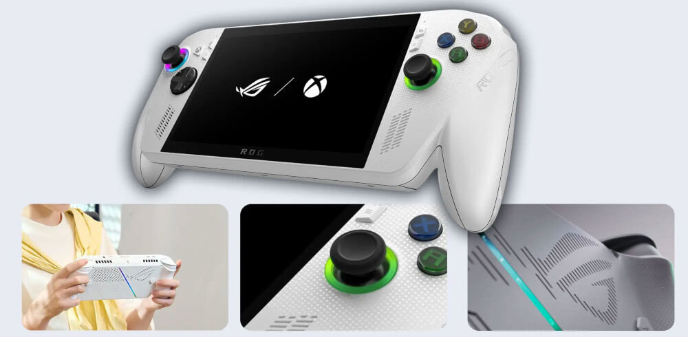 ASUS ROG Xbox Ally RC73YA biały przedstawienie konsoli pod kątem na jasnym tle oraz jej funkcjonalności zbliżenia na poszczególne elementy lekka konstrukcja 670g mobilna rozgrywka niewielka budowa 290,8 x 121,5 x 50,7 mm