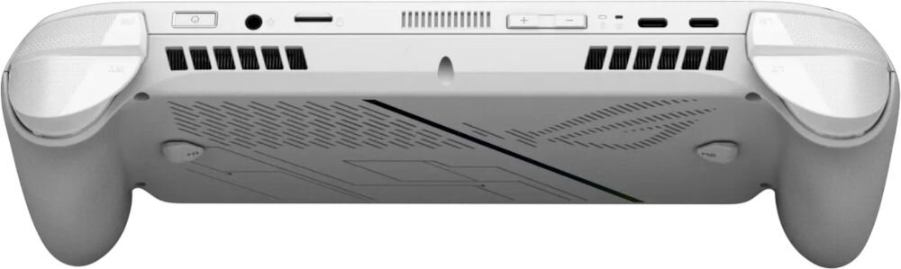 ASUS ROG Xbox Ally RC73YA biały pokazanie złącz i czytnika kart na białym tle 2 x USB 3.2 gen 2 typ C z DisplayPort 1.4 i Powe Delivery 3.0 czytnik kart UHS-II microSD 3.5 mm Combo Audio Jack wygodne podłączenie