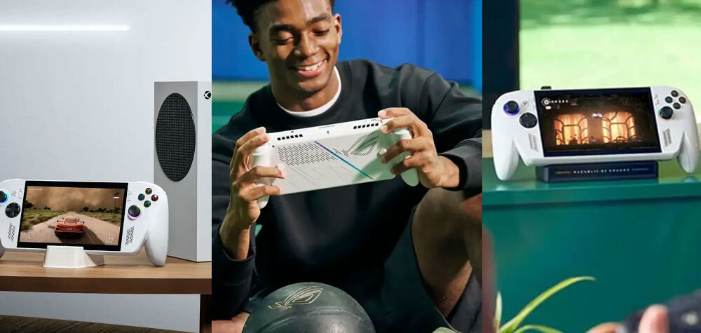 ASUS ROG Xbox Ally RC73YA biały przedstawienie konsoli podczas użytkowania mężczyzna siedzący i grający na konsoli po bokach konsola na podestach pamięć 16GB LPDDR5 dysk SSD 512GB szybkie ładowanie płynne działanie rozbudowanie pamięci