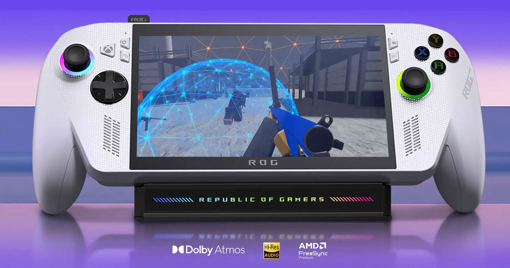 ASUS ROG Xbox Ally RC73YA biały przedstawienie konsoli od przodu na różowo-fioletowym tle z włączoną grą ekran 7 cali Full HD jasność 500 nitów 120Hz dotykowy wyraźny płynny obraz podwójne głośniki Smart Amp